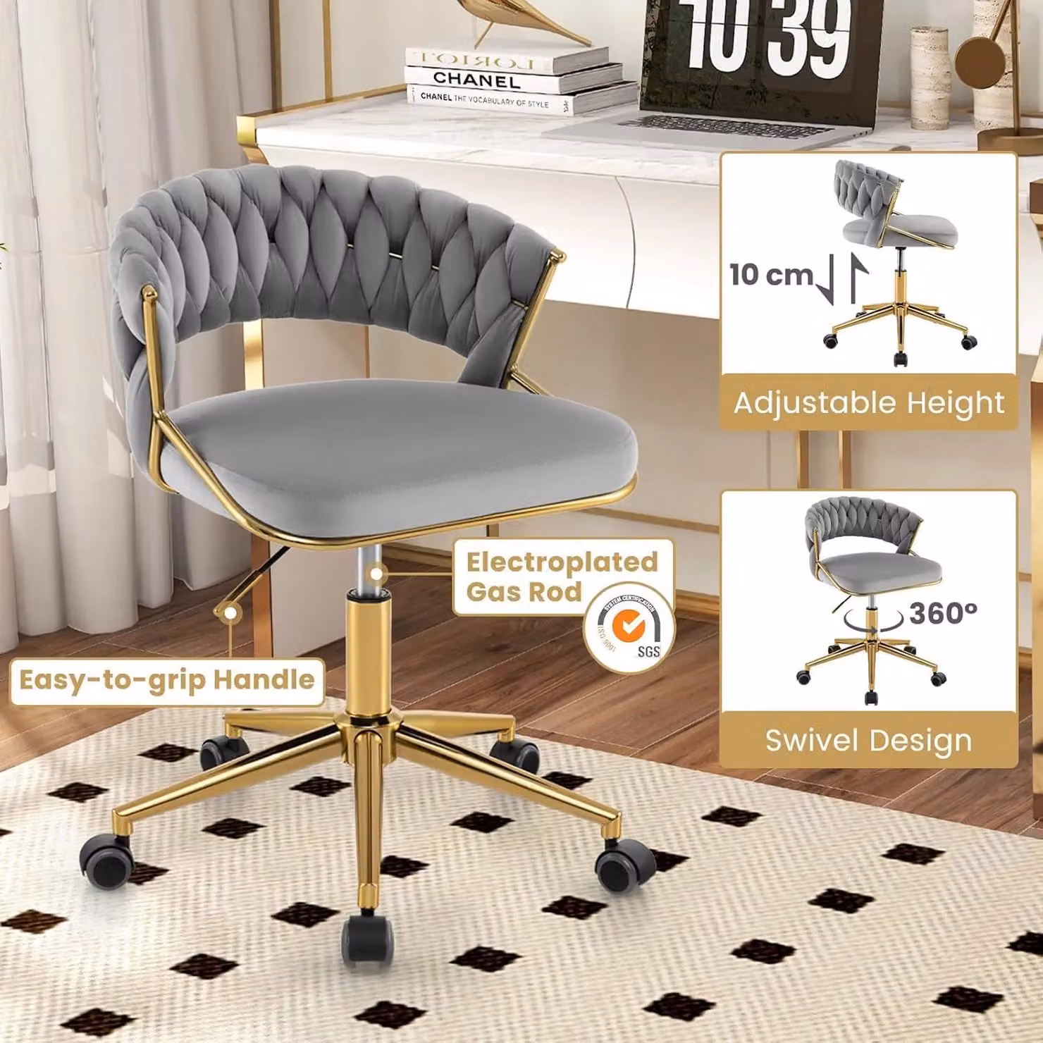 Gymax Hand-woven Grey Modern Vanity Chair with 360 Degree Swivel and Adjustable Height – 5