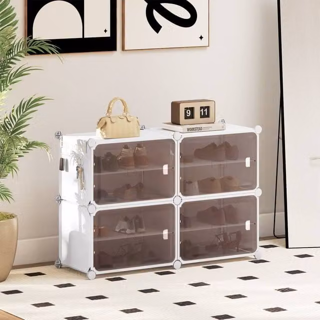Gymax 4-Tier White Plastic Shoe Cabinet with Hinged Doors and 16 Pair Capacity