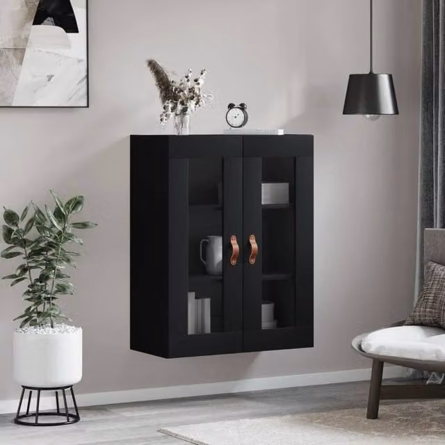 Berkfield Home Wall Mounted Cabinet in Black with Glass Doors, W: 69.5 cm, D: 34 cm, H: 90 cm – 1