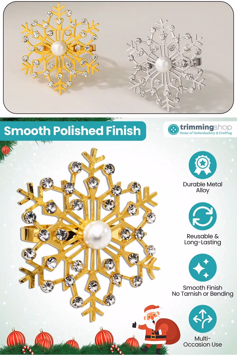 Neel Blue Snowflakes Napkin Rings with Faux Pearl and Diamante Rhinestone, 6-Piece Set in Gold and Silver – 1
