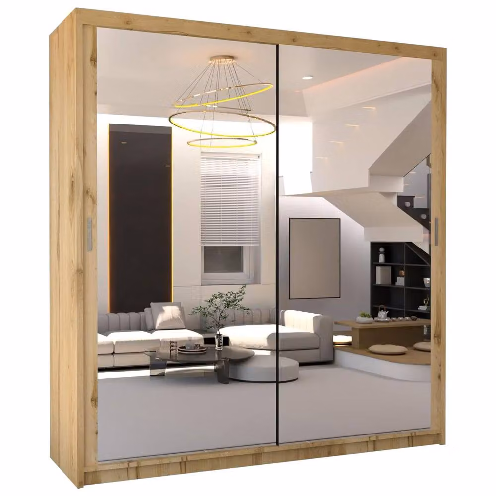 MN Furniture Double Mirror Sliding Door Wardrobe in Light Oak, W: 120 cm, H: 217 cm – 2