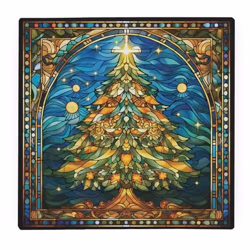 Purely Home Stained Glass Christmas Tree Square Glass Worktop Protector with Non-Slip Feet, Multicolour, W: 30 cm x D: 30 cm