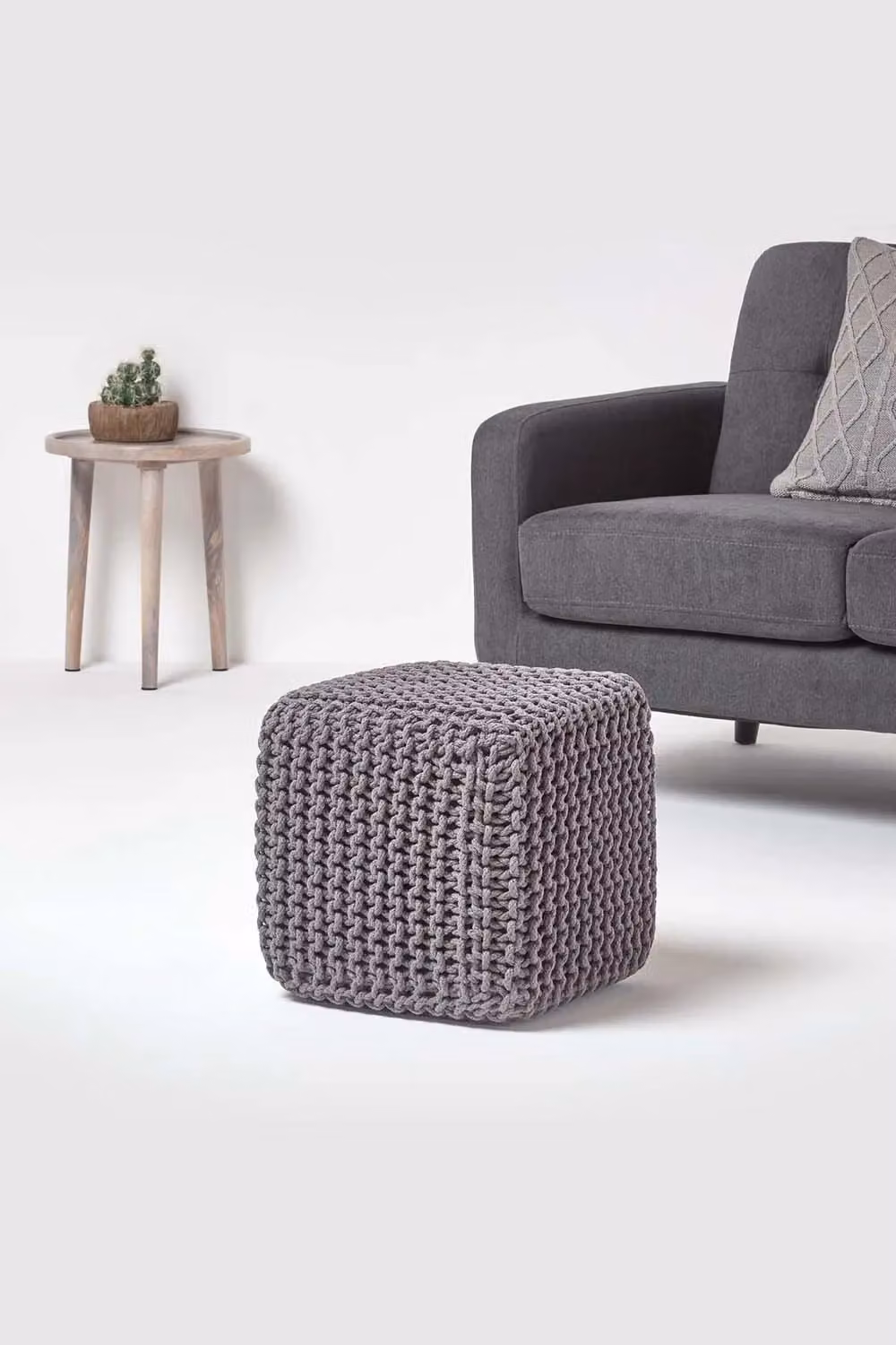 Homescapes Cube Cotton Knitted Pouffe Footstool in Grey – 2