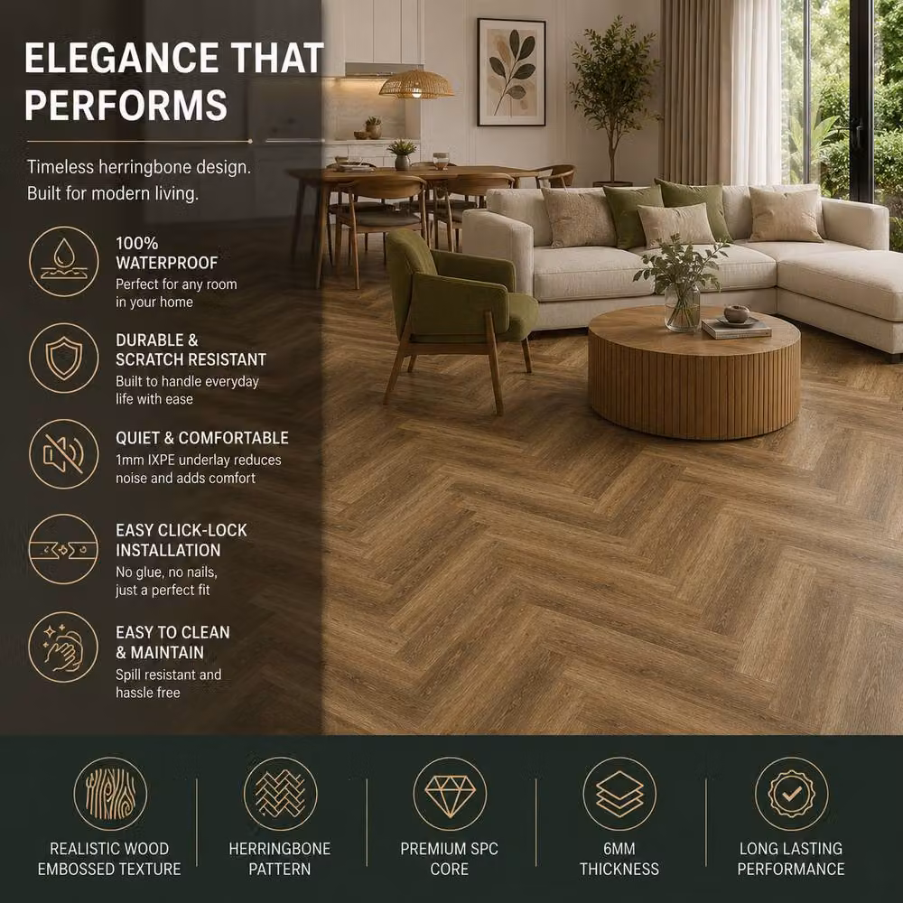 ENER-J Britwall Ashton Brown Herringbone SPC Luxury Vinyl Flooring, 1.72 m2, Pack of 20, 6mm Waterproof Click Lock – 3