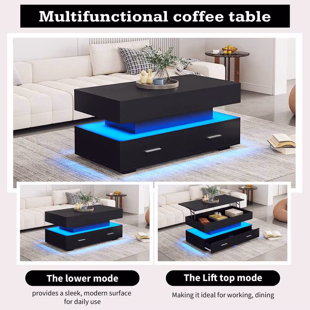 Merax Modern Hydraulic Lift-Top Coffee Table with LED and 2 Drawers in Black – 3