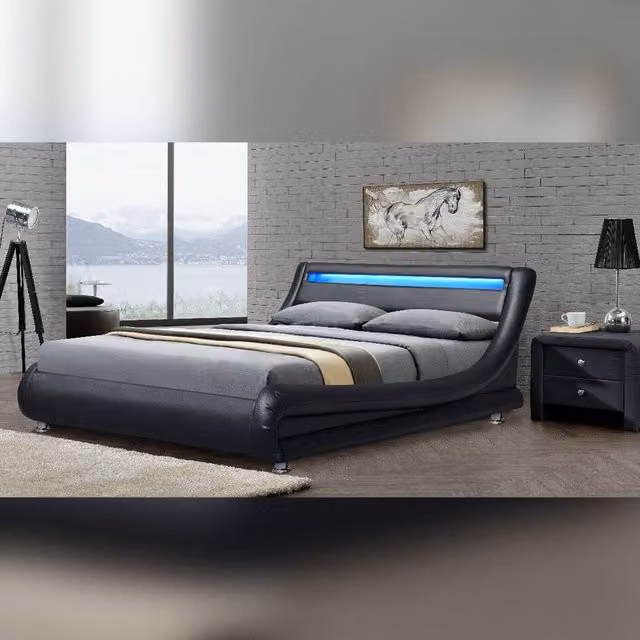 Comfy Living Ltd Italian Style Faux Leather Bedframe with LED Under-Bed Lighting in Black, Size: Double (140 x 200 cm) – 1