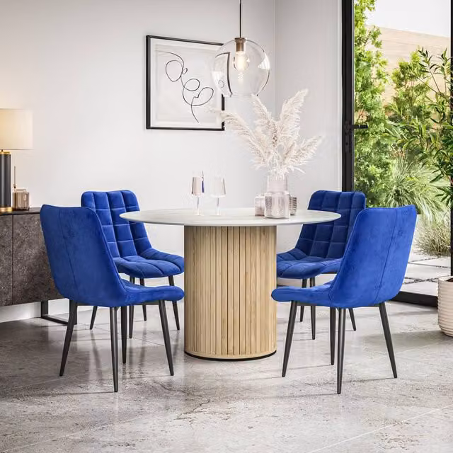 More4Homes Arlo White Marble Top Round Dining Table with Oak Legs and 6 Blue Nova Velvet Dining Chairs Set, W/D/H: 120 x 120 x 75 cm – 1