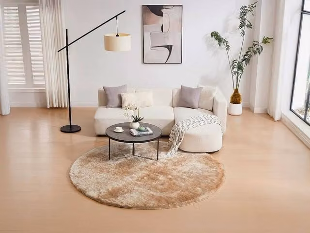 Vente-unique Ultra-Soft Long Pile Round Shaggy Rug in Dark Beige, Diameter: 200 cm