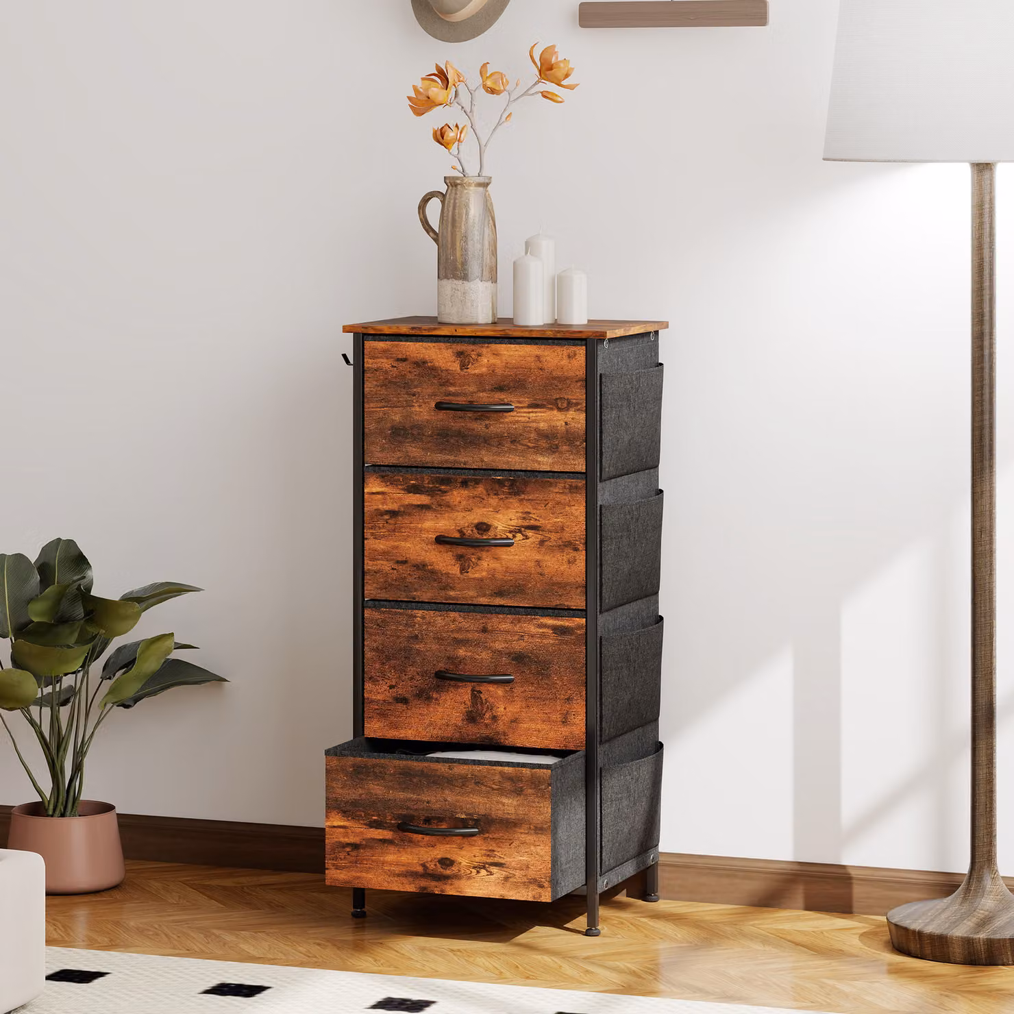 HOMCOM Chest of Four Fabric Drawers in Rustic Brown with Metal Frame – 2