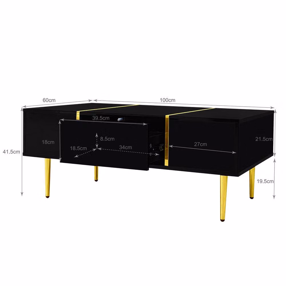 BTM Modern High Gloss Rectangular Coffee Table with Two Drawers in Black – 3