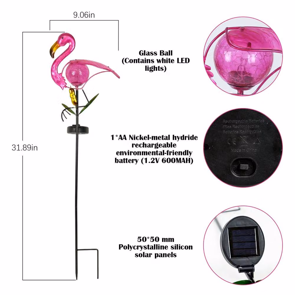 Bright Zeal Pink Solar Metal Flamingo Garden Stake Light with Dusk Sensor – 5