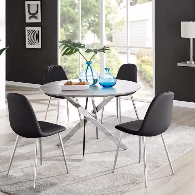 FurnitureboxUK Novara Grey Concrete Round Dining Table and 4 Corona Silver Leg Chairs in Black