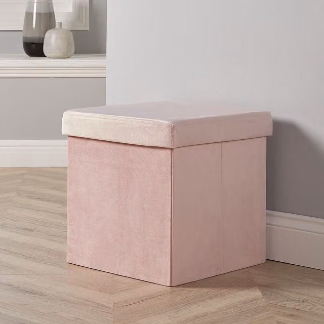 Home Source Velvet Fabric Folding Ottoman Storage Cube in Pink, W/D/H: 38 x 38 x 38 cm