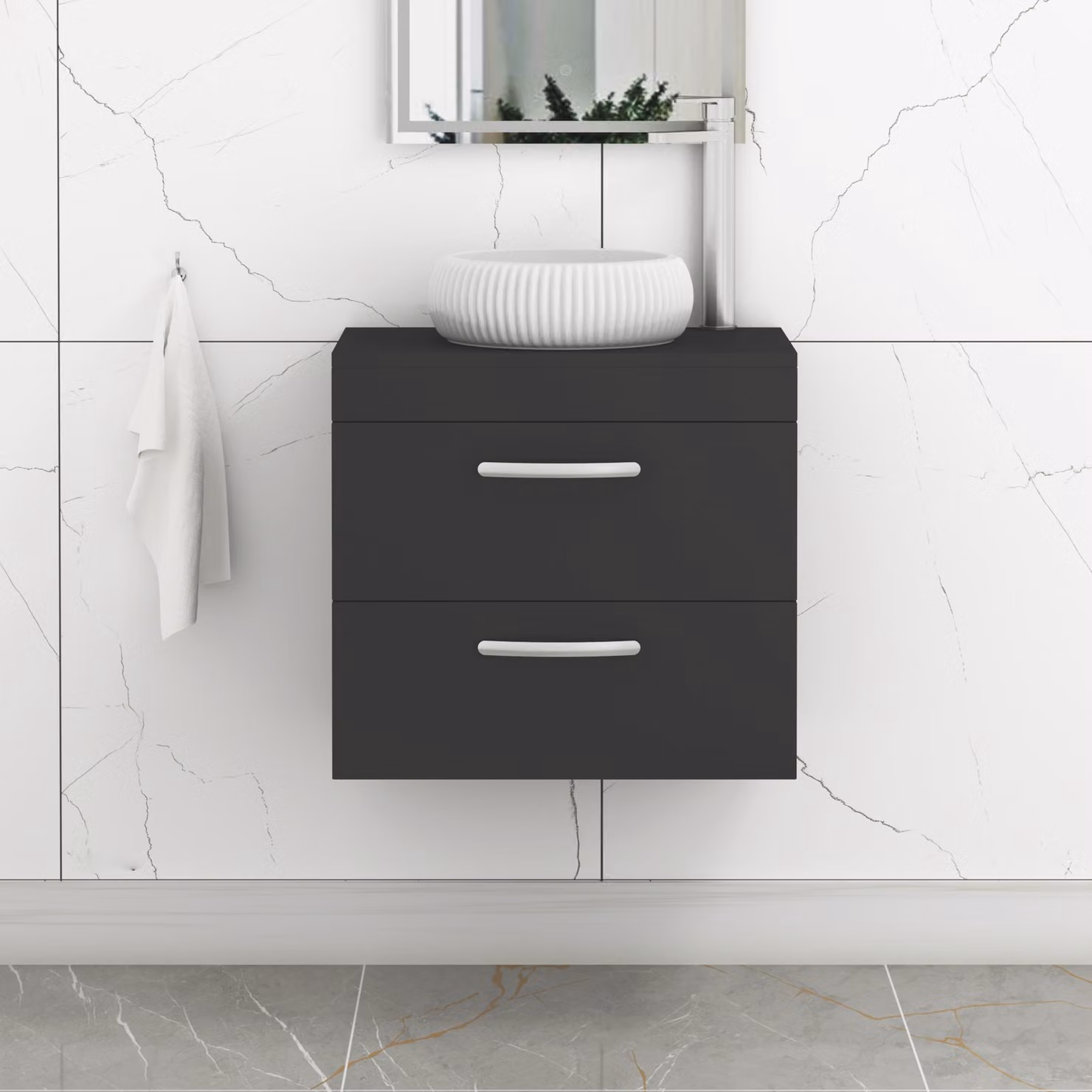 Royal Bathrooms Turin 500mm Wall Hung 2 Drawer Vanity Unit in Matt Black with Milan Countertop Basin and Matt Black Handle