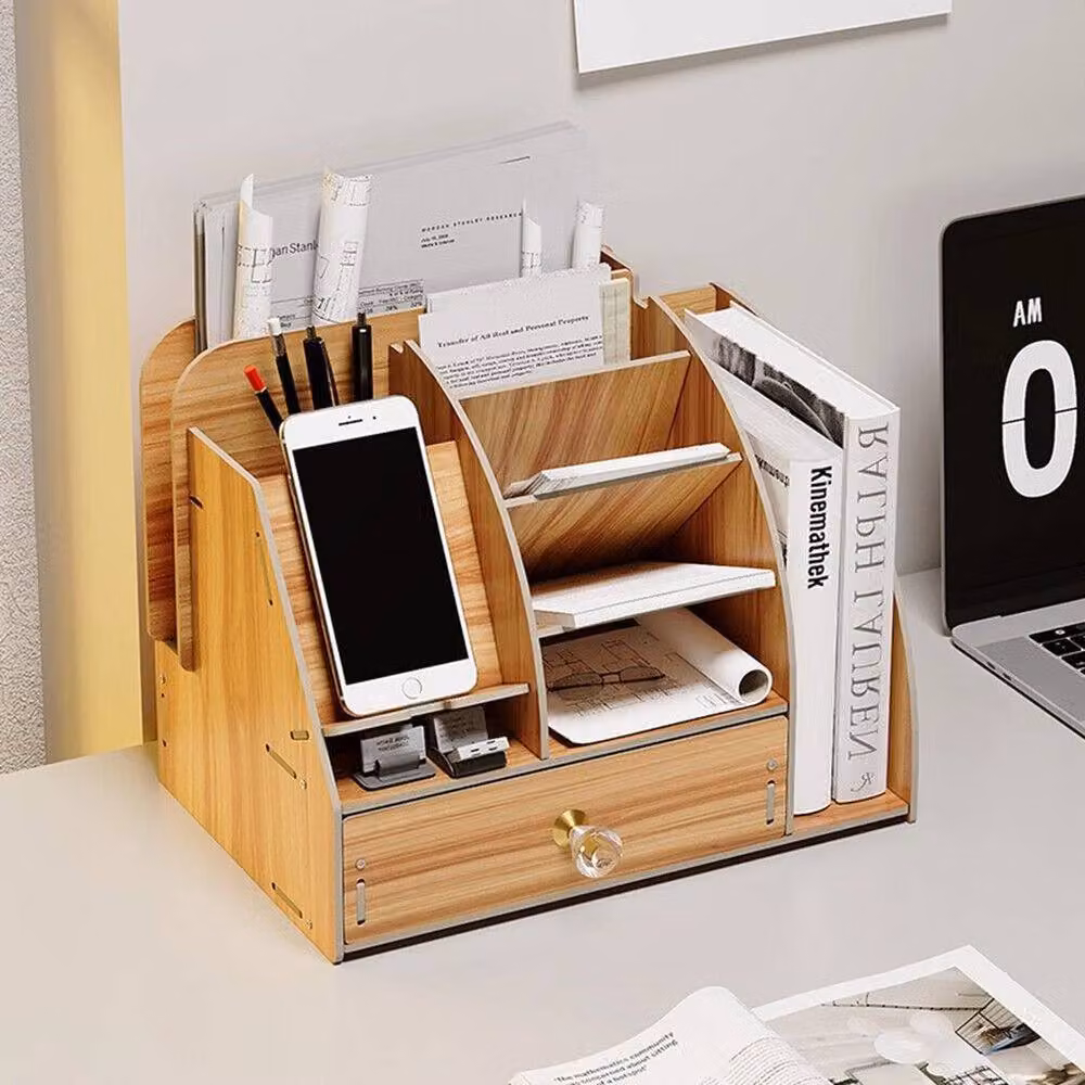 FLAVORA Wooden Desk Rack with Single Drawer in Natural Sand – 2