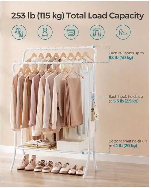 SONGMICS Double Clothes Rail with Hooks and Shelf, White