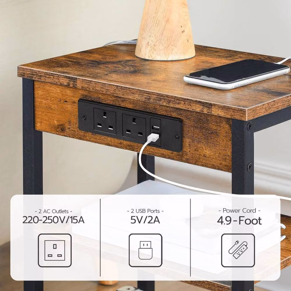 FORGEVIO Brown Rustic Side Table with Charging Station, W/D/H: 38 x 28 x 55 cm – 3