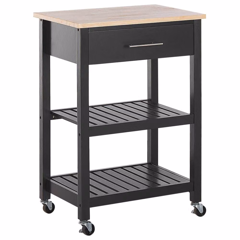 Wyld and Coco Black Modern Kitchen Trolley with Rubberwood Top and MDF Body, W/D/H: 58 x 40 x 85 cm – 2