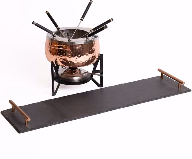 Artes Copper Finish Fondue Set with Black Slate Serving Platter and Copper Coloured Handles