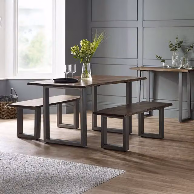 IH Design Essential Live Edge Acacia Wood and Metal Dining Bench in Brown and Grey, W/D/H: 125 x 40 x 45 cm