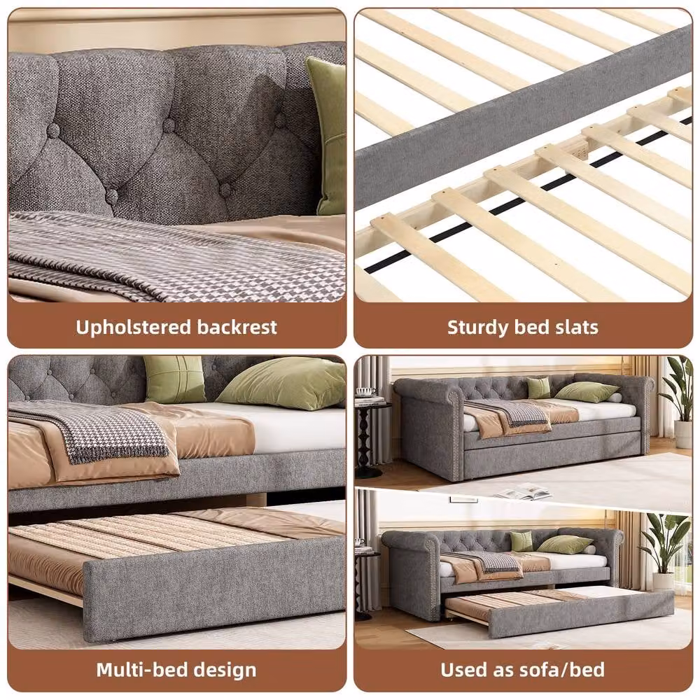 Rolipo Grey Velvet Upholstered Single Daybed Sofa Bed W/D/H: 190 x 90 x 0 cm – 4