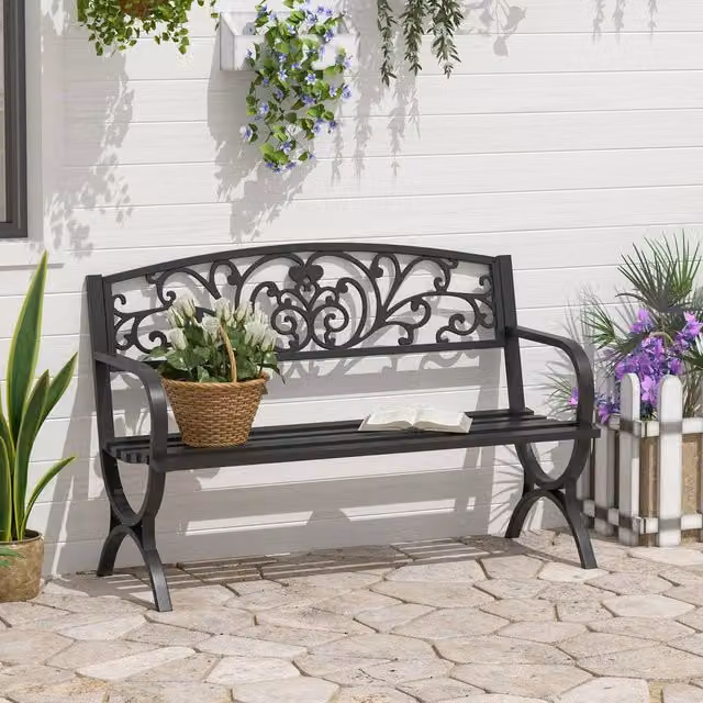 OUTSUNNY 2 Seater Vintage Metal Garden Bench in Matt Black with Floral Detail – 1