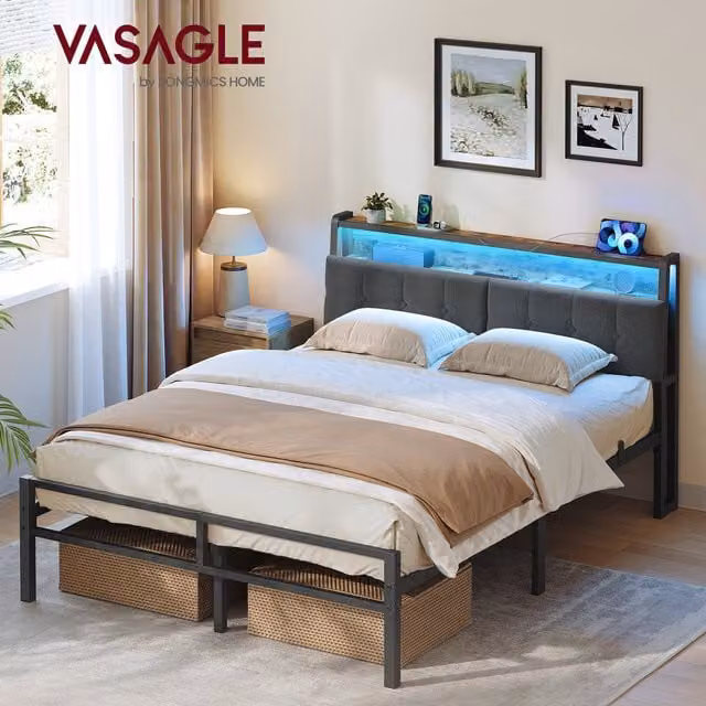VASAGLE Modern Black Double Bed Frame with LED Under-Bed Lighting, USB Charging Port and Side Compartments, W/D/H: 140 x 200 cm