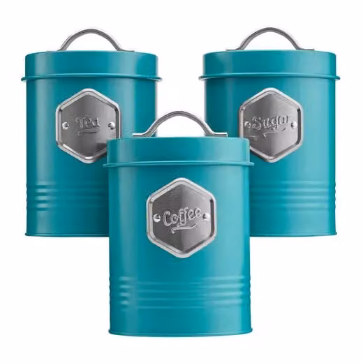 Cooks Professional 3-Piece Tea, Coffee and Sugar Storage Canister Set in Petrol with Silver Labels – 2