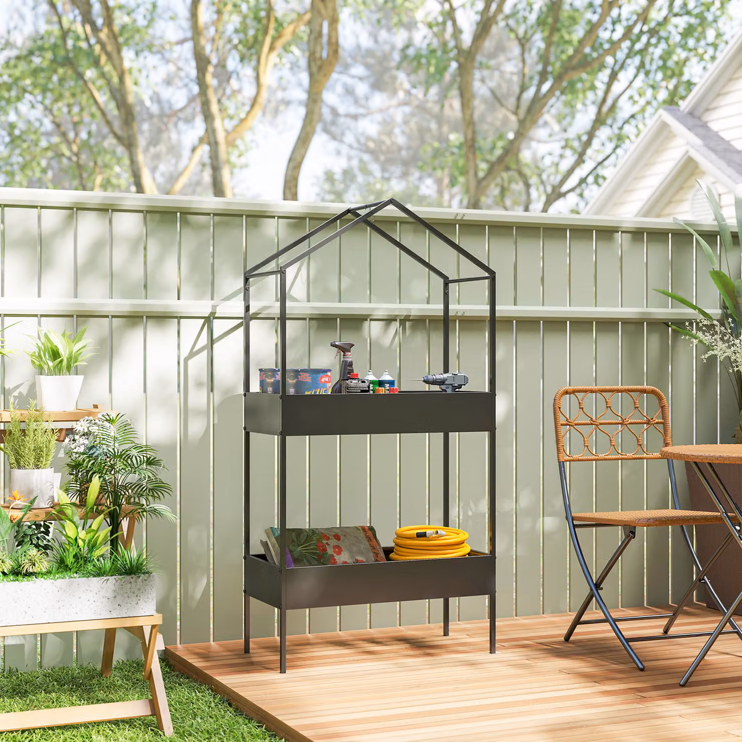 Outsunny 2 Tier Metal Plant Stand with Hook and House-Shaped Pots Holder, Black, W/D/H: 75 x 30 x 150 cm – 6