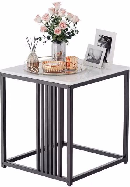 KORVIXA Modern Marble Stone Side Table with White Top and Black Frame, W/D/H: 100 x 100 x 30 cm