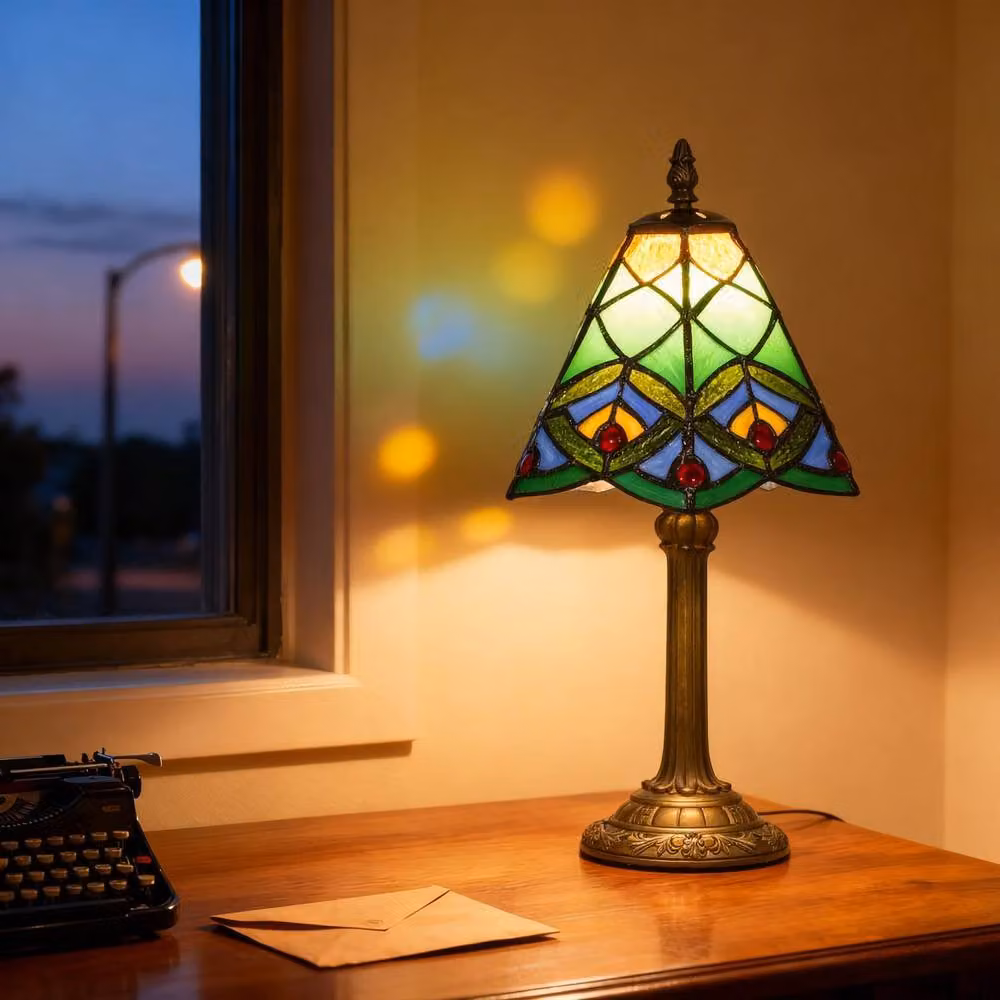 Wyld Haus Mamavi Tiffany Style Table Lamp in Green and Amber with Bronze Tone Base – 9