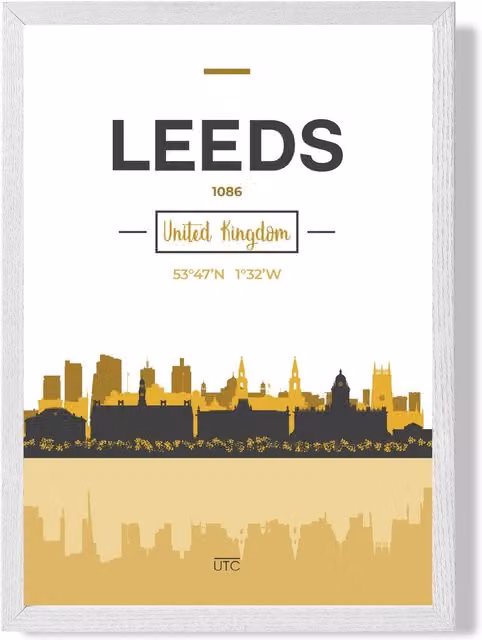 ARTZE Leeds City Skyline Framed Paper Poster in Yellow and Black with White Frame, A2