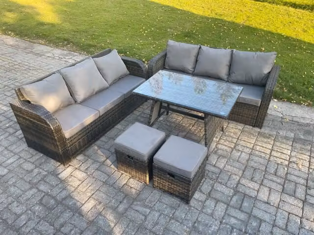 Fimous 8 Seater Rattan Garden Furniture Set with Rectangular Dining Table and 2 Footstools in Dark Grey
