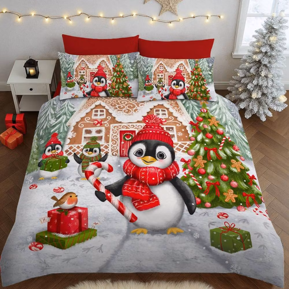 Velosso Sweet Penguin Candy Cane Duvet Cover and Pillowcase Set, Multicolour, Single, W/H: 90 x 200 cm – 2