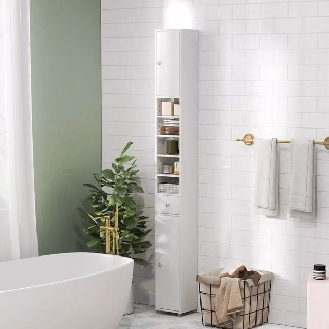 FORGEVIO White Slim Freestanding Bathroom Tall Cabinet with Internal Shelves and Drawers – 1
