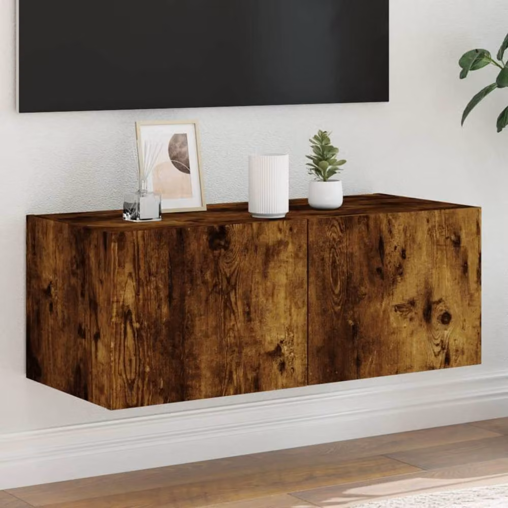 Berkfield Home Modern Wall Mounted TV Cabinet with Integrated LED Lights in Smoked Oak Brown, W: 80 cm, D: 35 cm, H: 31 cm – 2