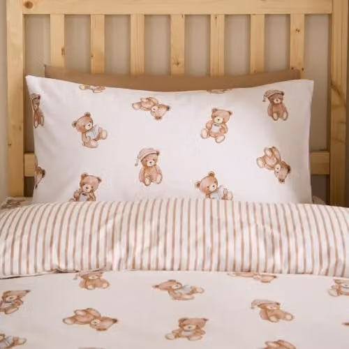 Catherine Lansfield Reversible Teddy Bear Cotton Flannelette Double Duvet Cover Set and Pillowcases in Cream – 2