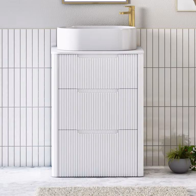 Royal Bathrooms Avenza 600mm Matt White Floor Standing 3 Drawer Vanity Unit with Plain White Worktop and Peak Basin