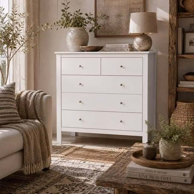 Wyld Haus Kesumo White 5 Drawer Chest, Wide Wooden Storage for Bedroom, Hallway or Living Room, W/D/H: 80.5 x 39.5 x 79 cm