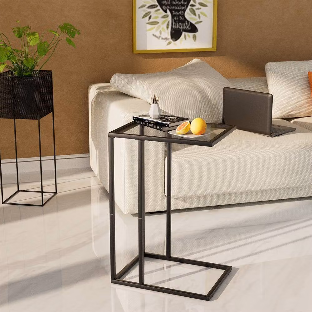 Huhote Sleek C Shaped End Table with Glass Top and Black Metal Frame, W/D/H: 60 x 40 x 30 cm – 2