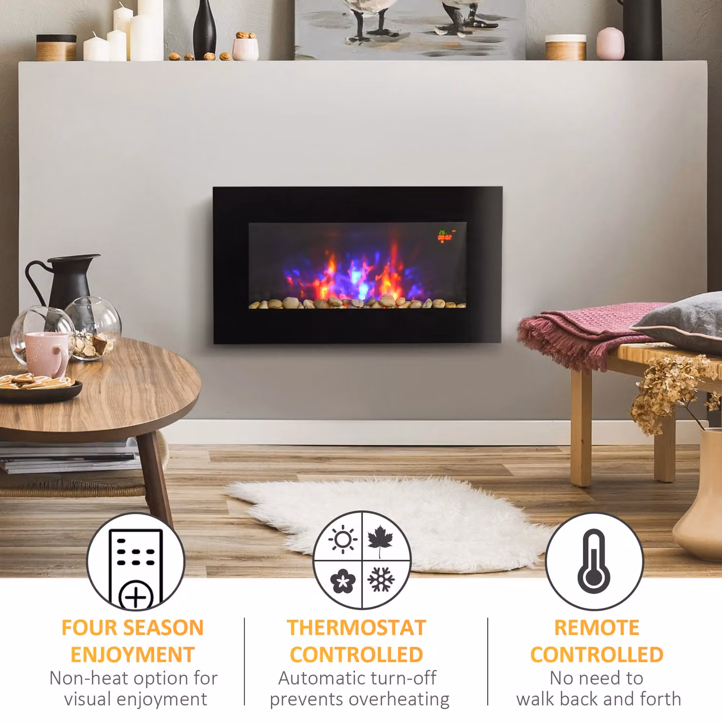 HOMCOM Electric Wall Fireplace with LED Flame Effect, Timer and Remote Control, 1000W, Black – 4