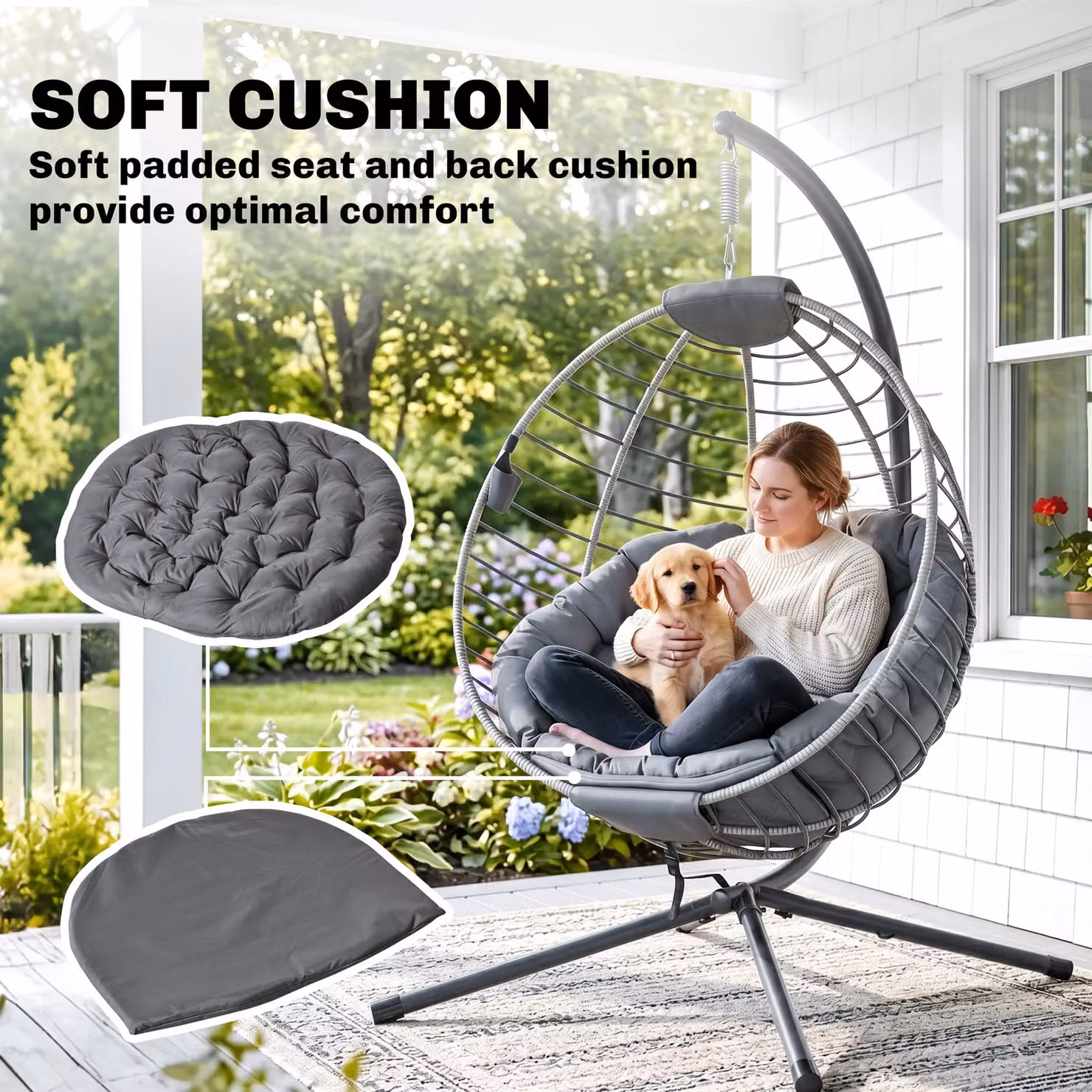 Outsunny PE Rattan Hanging Swing Chair with Metal Stand and Padded Cushion in Grey – 6