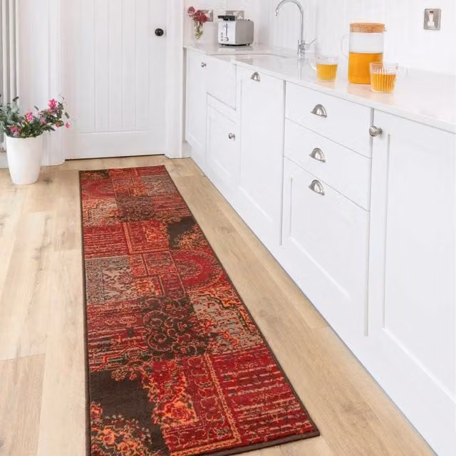 The Rug House Traditional Patchwork Oriental Living Room Rug in Red and Brown, W: 320 cm, D: 80 cm