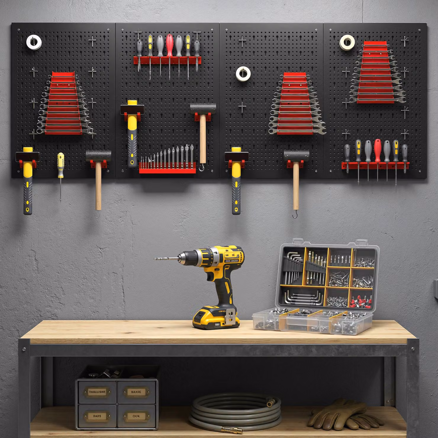 HOMCOM 38-Piece Wall-Mounted Steel Pegboard Garage Tool Storage Unit with 4 Boards in Black and Red – 5