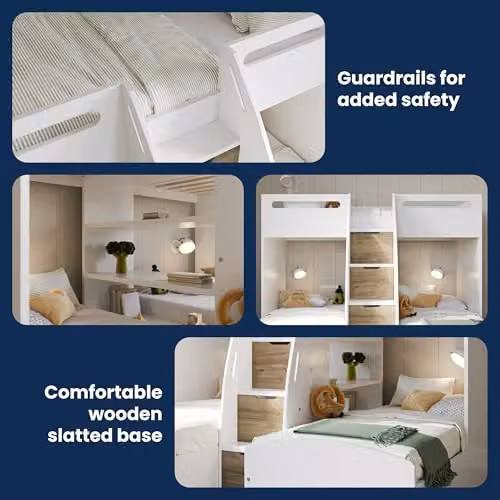 Flair Eddie Staircase Triple Bunk Bed with Storage and Drawers in White and Brown Oak – 3
