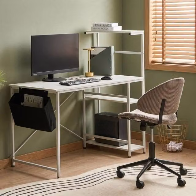 Wyld and Coco Minimalist Writing Desk with White MDF Top and Metal Frame – 1