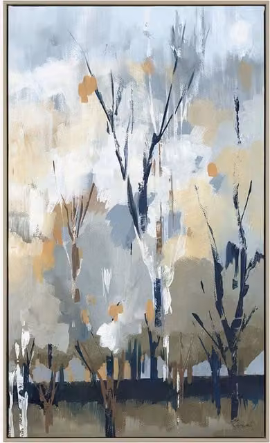 Perch & Parrow Whimsical Woodland Abstract Nature Landscape Framed Canvas Wall Art in Grey, Blue and Multicolour