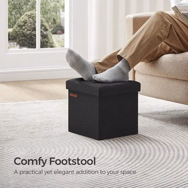 SONGMICS Small Foldable Storage Ottoman Foot Rest in Black