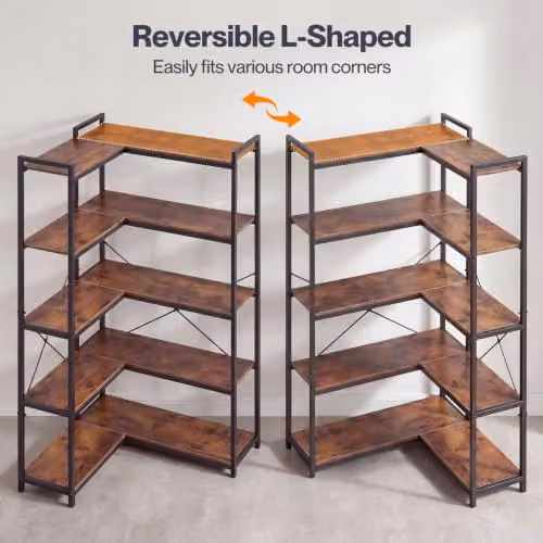 Levede 5-Tier L-Shaped Corner Bookcase in Brown and Black – 3