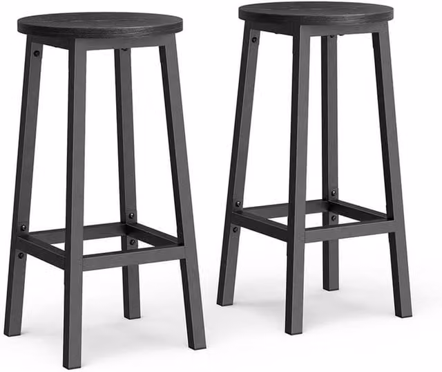 Furnold Set of 2 Industrial Bar Stools with Metal Frame and MDF Seat in Matt Black, H: 65 cm, W: 32 cm, D: 32 cm